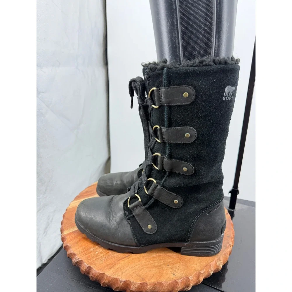 Sorel Emelie Boots Lace Up Winter Boots sz 8.5 Black Waterproof Leather NL2680